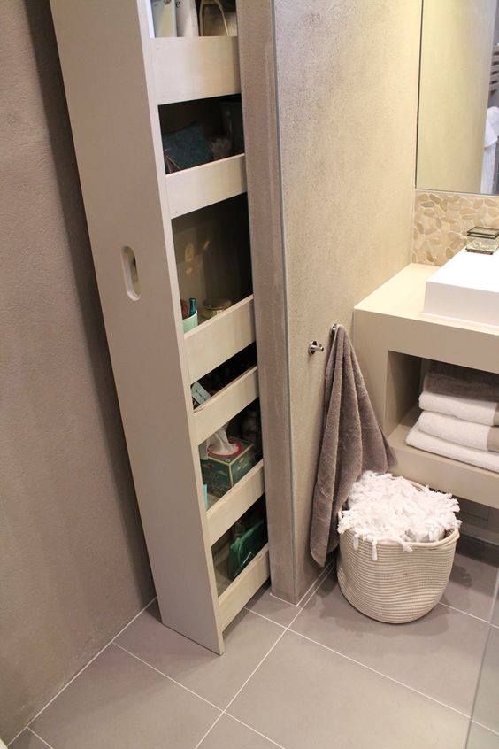 Clever storage idea for a small bathroom.