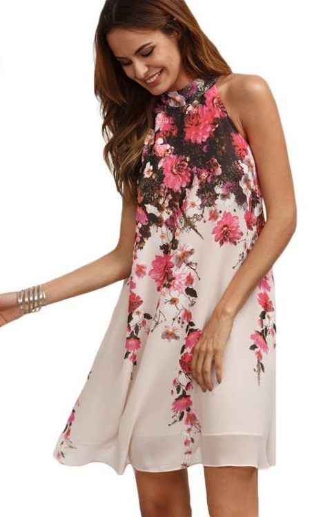 Designer Floral Round Neck Cut Out Sleeveless Short Dress