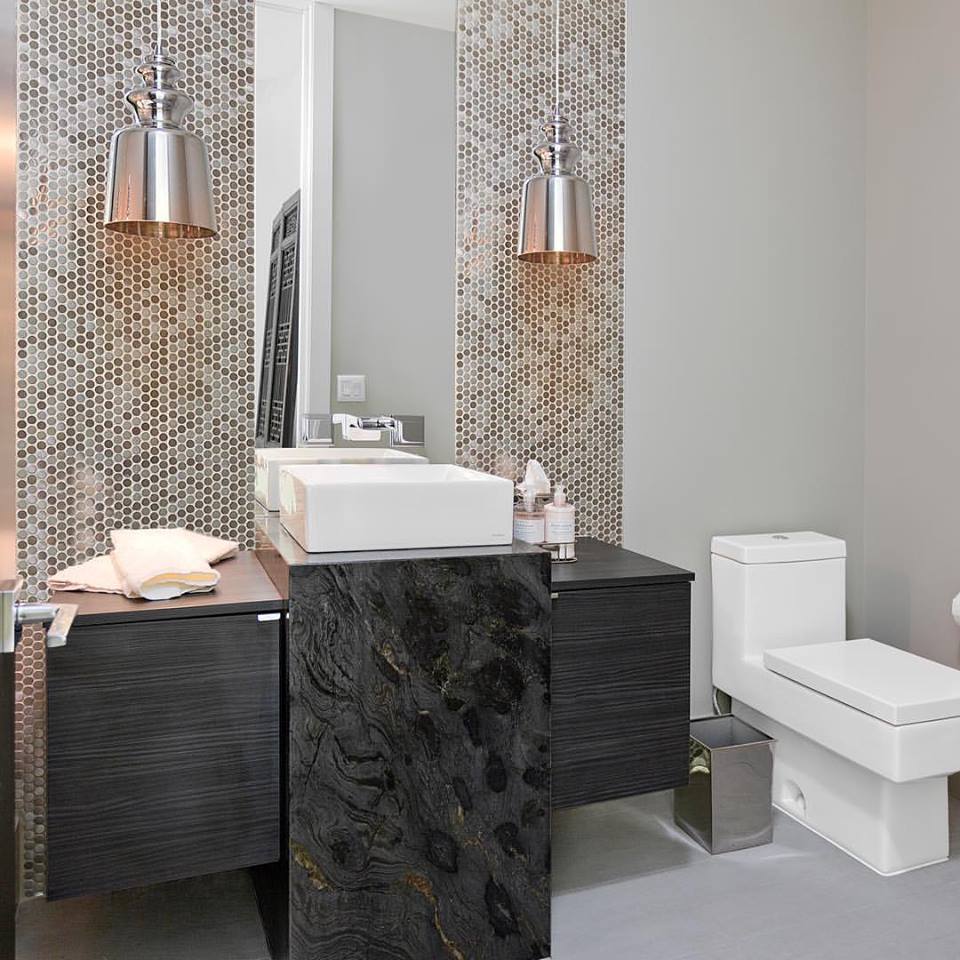 Designer Tiles, Lights, Black Cabinet Perfect For Small Contemporary Bathroom