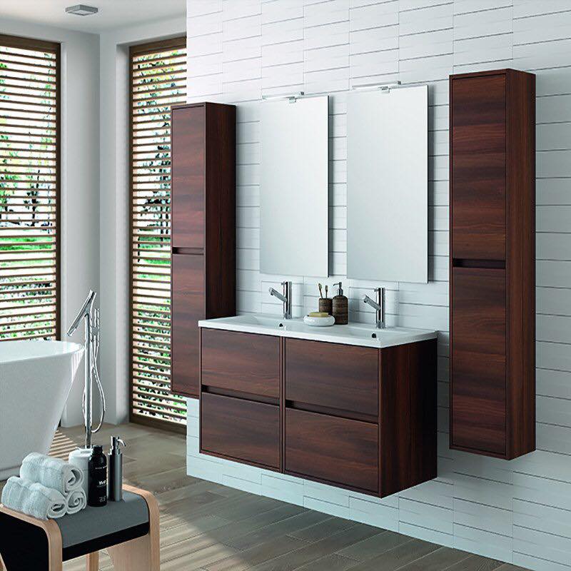 Elegant Contemporary Bathroom Have Wooden Counter, Shelves With Natural View