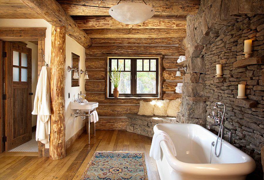 Extraordinary Rustic & Wood Bathroom With Corner Stone Bench