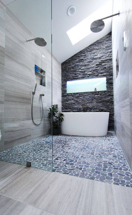 Eye Catching Stone Feature Wall & Flooring With Double Rain Shower