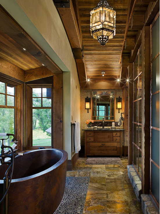 Fantastic Rustic Bathroom With Wooden Windows, Desk, Chandelier & Lightfixers