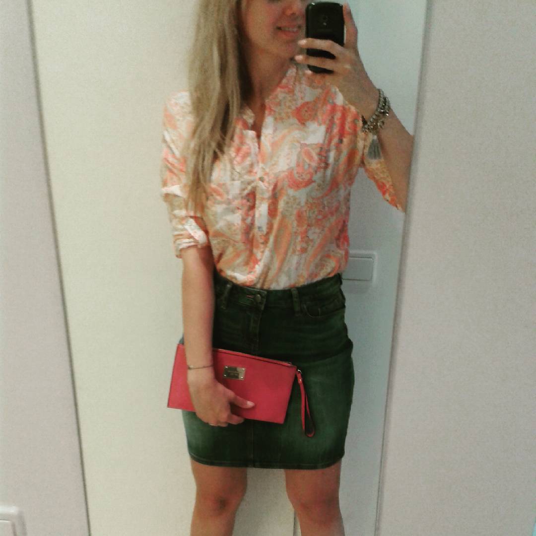 Floral Shirt With Green Suede Skirt