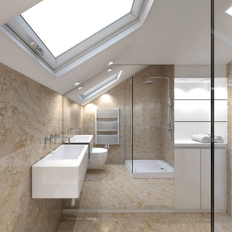 Golden Marble On Wall And Floor In Stylish Bathroom