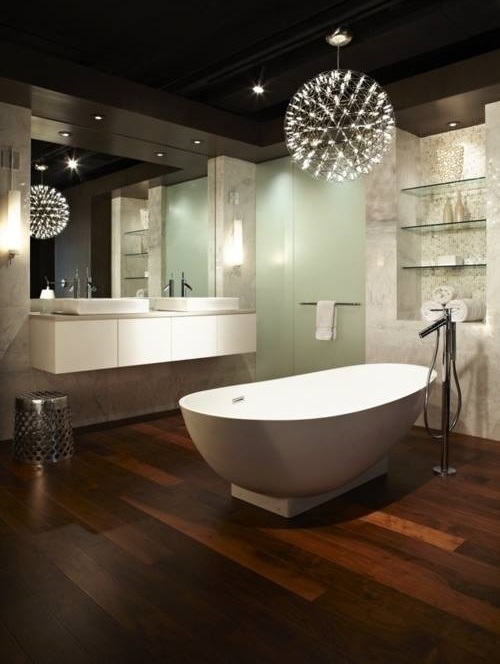 Gorgeous Contemporary Bathroom With Wooden Flooring, Vanity And Chandelier