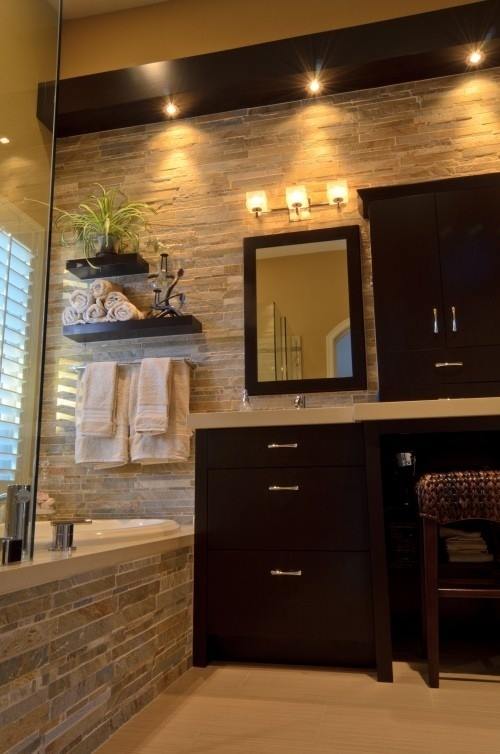 Gorgeous Stone Bathroom With Wooden Cabinets