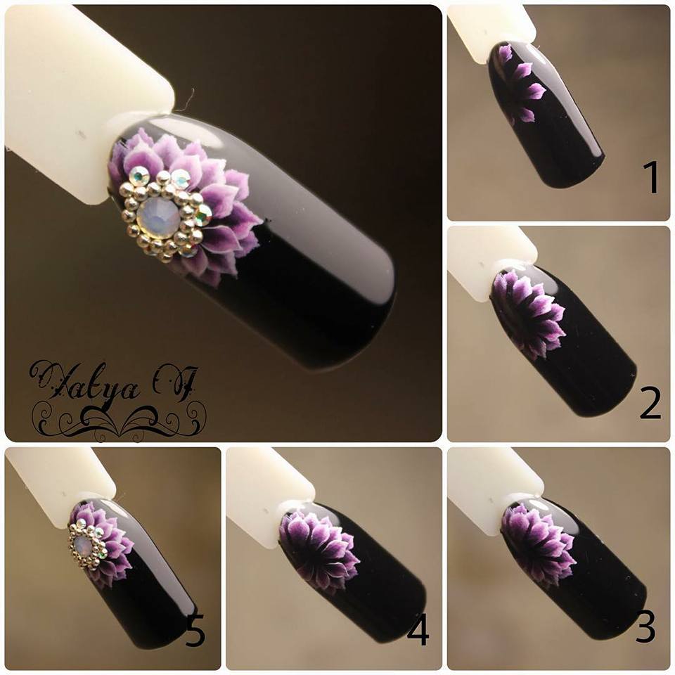 Graceful Black Nails With Flower