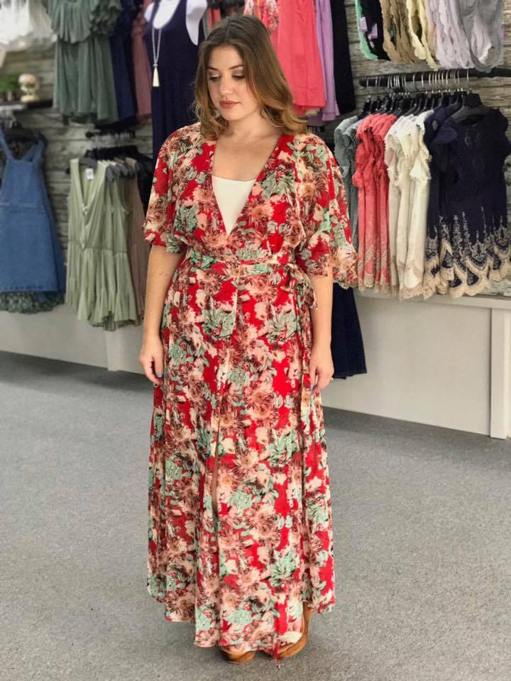 Graceful Red Floral Print Maxi Dress