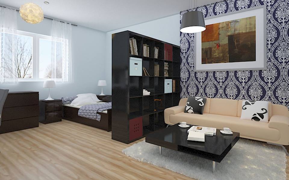 45 Creative Ideas for Designing Your Small Studio Apartment 28 Graceful Studio Apartment With Awesome Wall Paper, Book shelf Used As Divider & Lighting