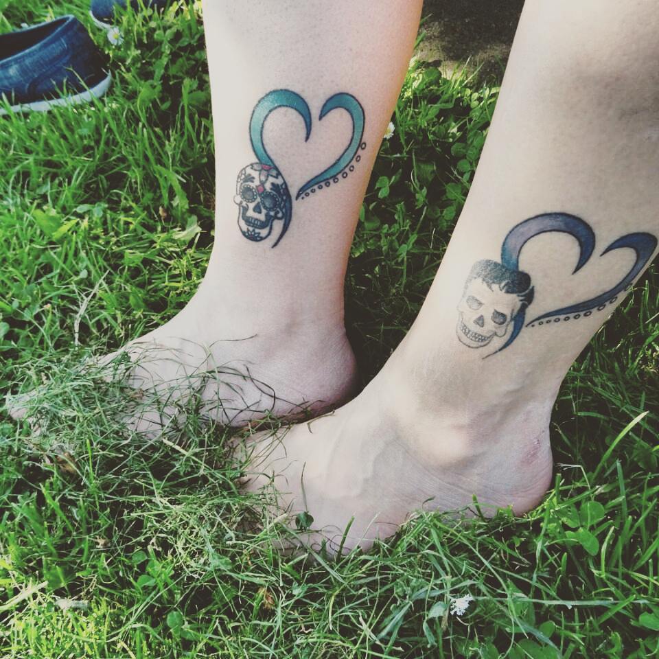 Heart With Sugar Skull Mother Daughter Tattoo On Ankle