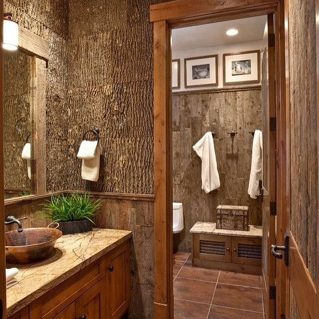 Incredible Rustic Bathroom Design With Bras Sink, Mirror & Stunning Wall