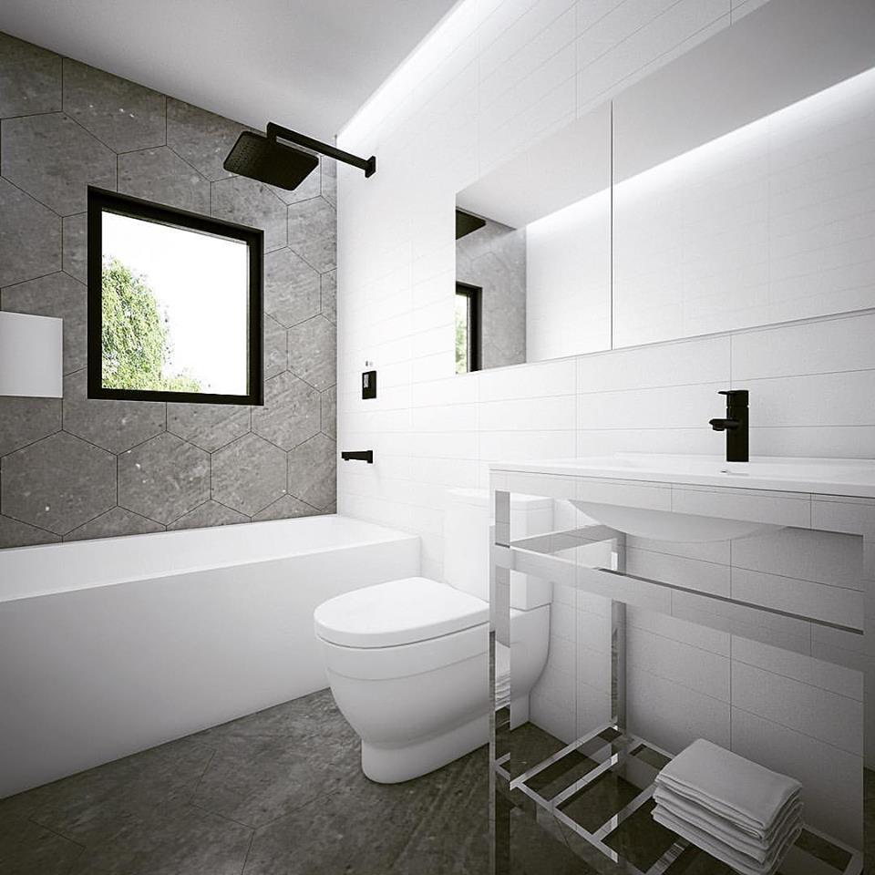 Industrial Style Contemporary Bathroom With Hexagonal Grey Tiles