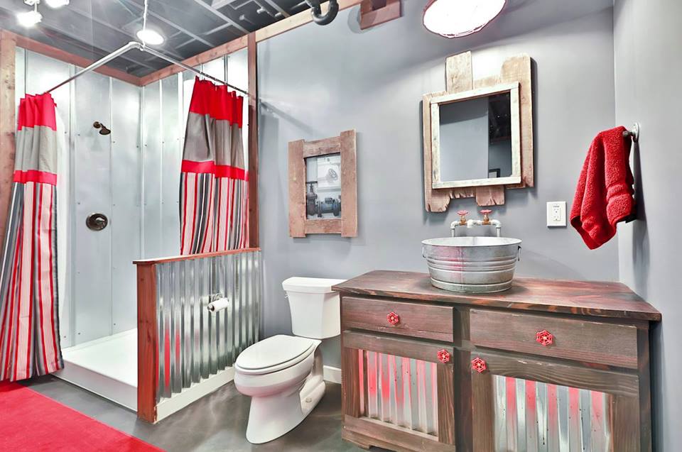 Industrial Touch Rustic Bathroom With Aluminium Sink, Wooden Cabinet & Shpwer Curtain