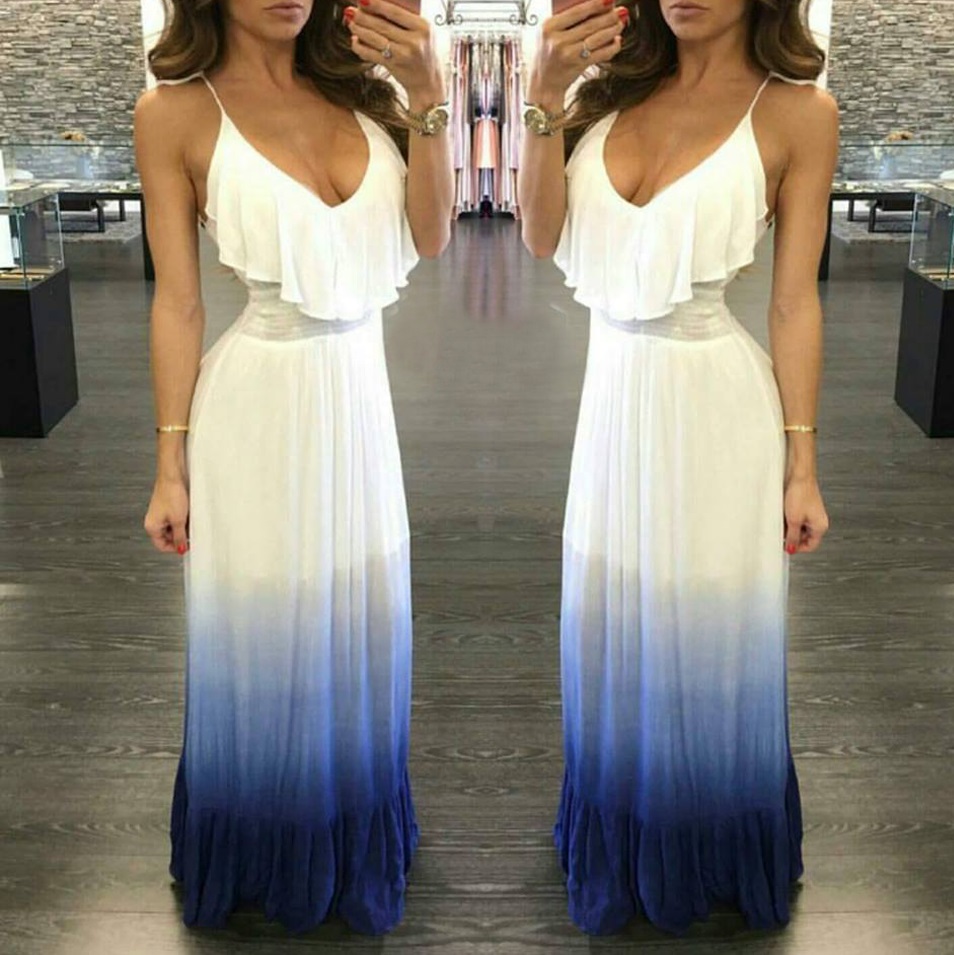 Long White With Shade Of Blue Maxi Dress