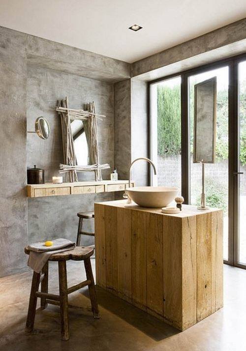 Lovely Rustic Contemporary Bathroom With Wooden Counter And Beautiful Mirror