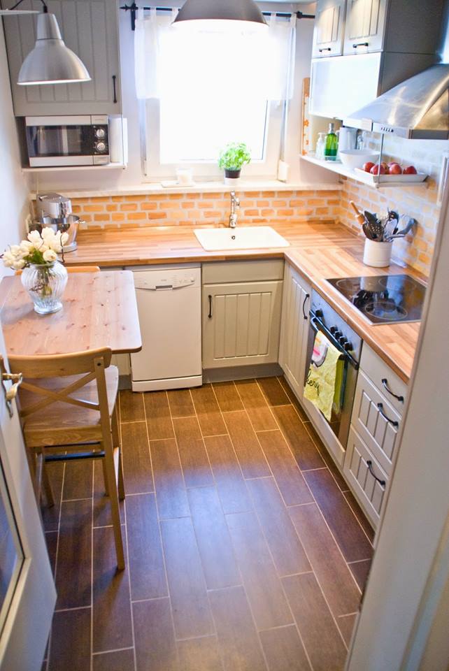 Lovely Tiny Kitchen With Brick Backspash & Bold Style