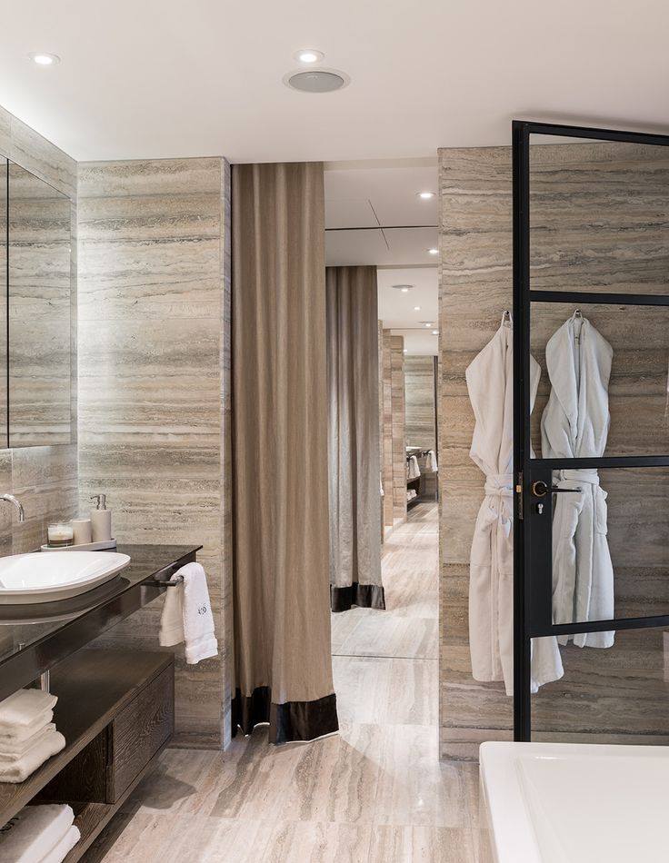 Luxury Contemporary Bathroom With Matching Tiles, Floor and Curtains