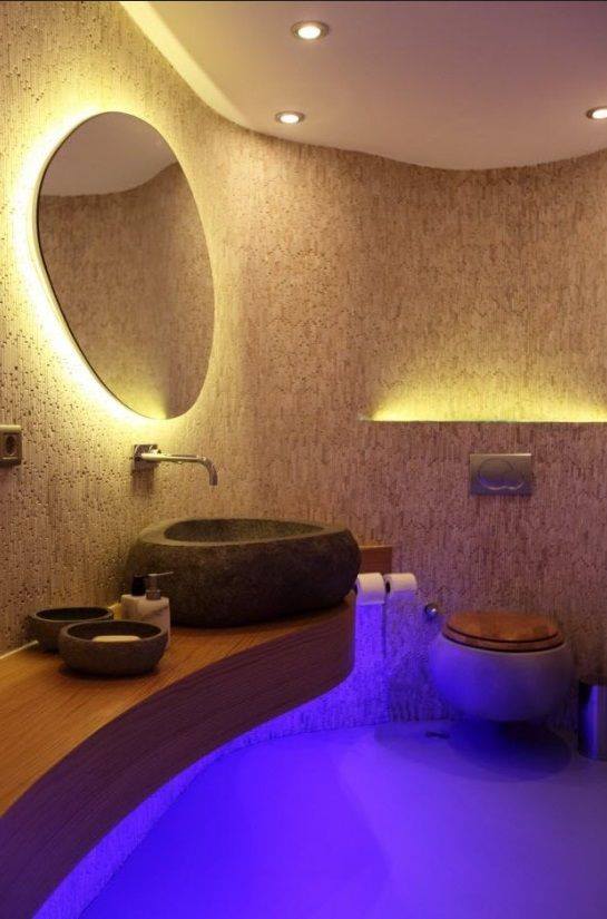 Mind Blowing Contemporary Bathroom With Stone Sink, Wooden Vanity And Lighting