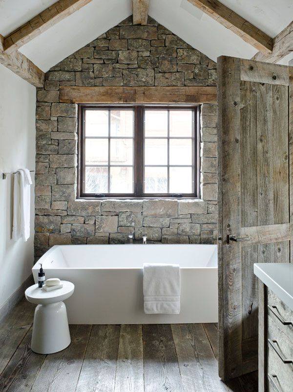 Modish Bathroom With Stone Wall & Beam Ceiling