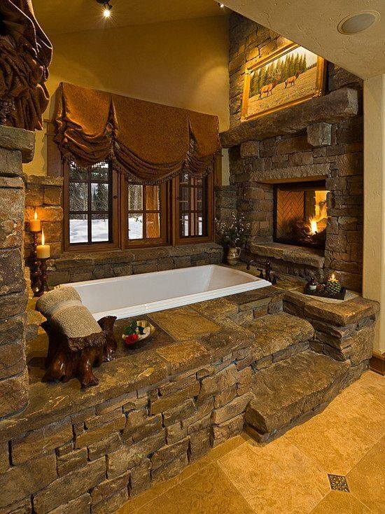 Natural Stone Bathroom Design With Bathtub, Candle Stand And Fire Pit