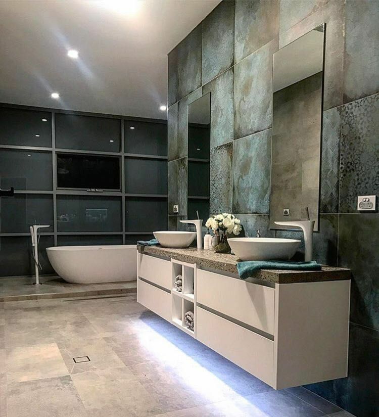 Perfectly Finished Stone Bath With Concrete Bath Vanity