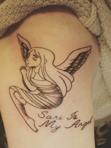 Praying Angel Inked On Thigh