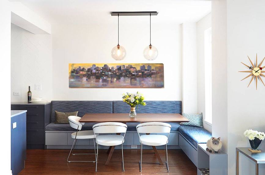 Pretty Breakfast Nook With Pendant Lighting, Stunning Watch On Wall & Incredible Painting