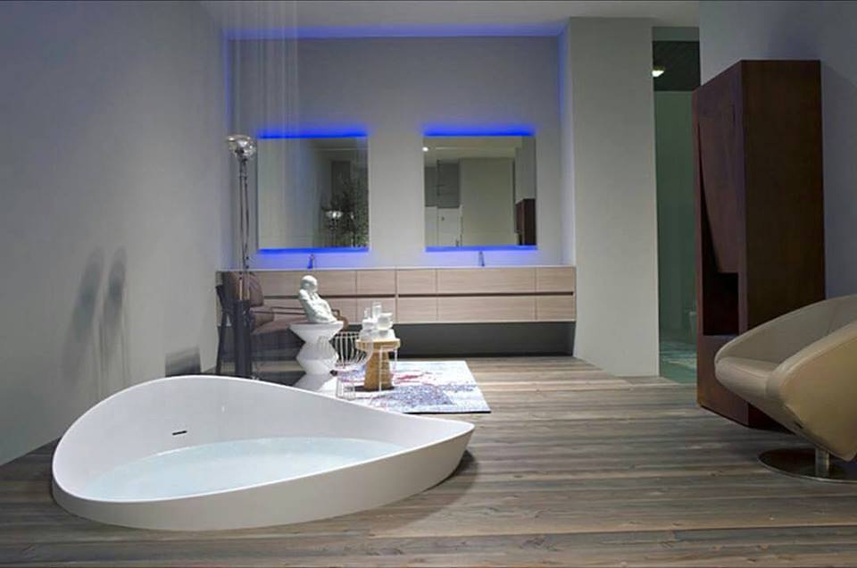 Pretty Modern Bathroom With Timber Flooring, Unique Bathtub & Mirrors