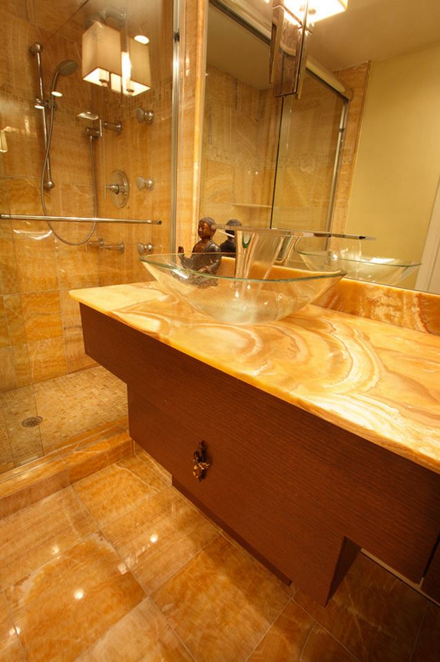 Sassy Waterfalll Sink, Big Mirror, Shower & Wooden Cabinet In Contemporary Bathroom