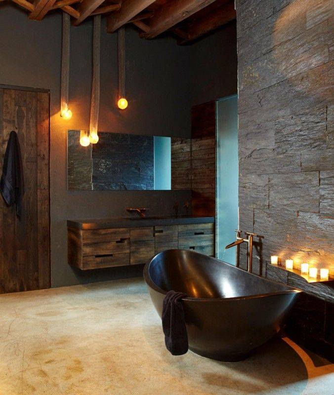 Stunning Contemporary Bathroom With Black Bath Tub, Stone Wall Wooden Cabinet and Beam Ceiling