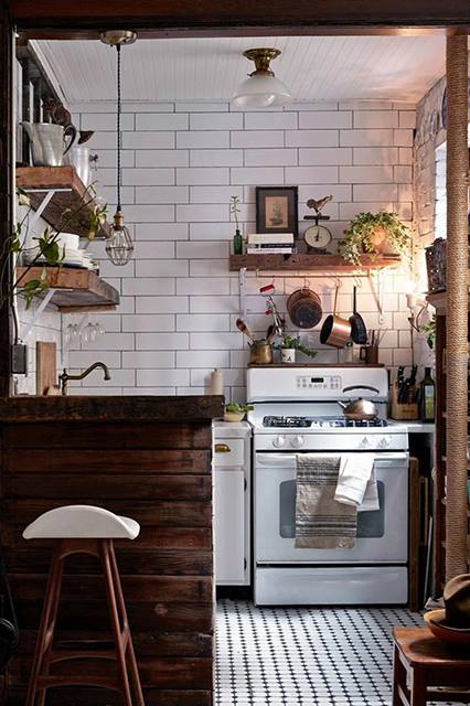 Stylish Rustic Kitchen With White Tiles & Wooden Counter