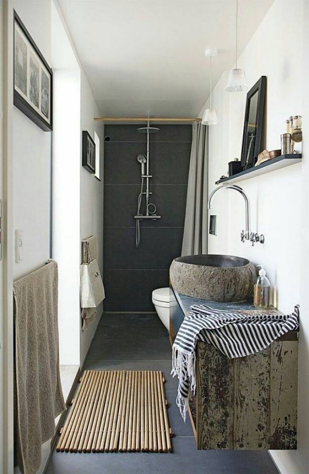 Swanky Small Rustic Bathroom With Stone Sink & Photo Frames