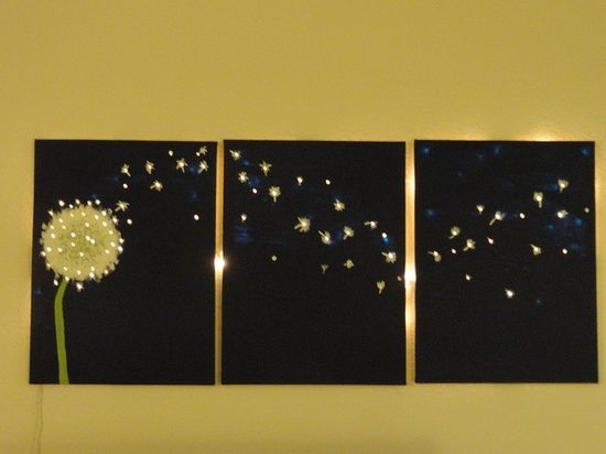 Three-panel, dandelion wall art that lights up