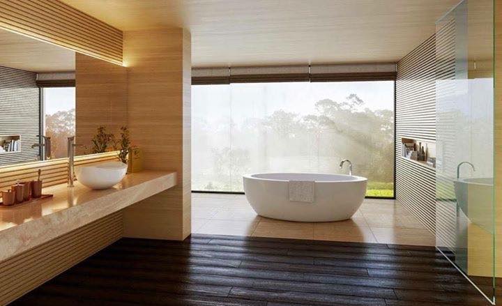 Timber Flooring, Big Mirror & Vanity Awesome Contemporary Bathroom Style