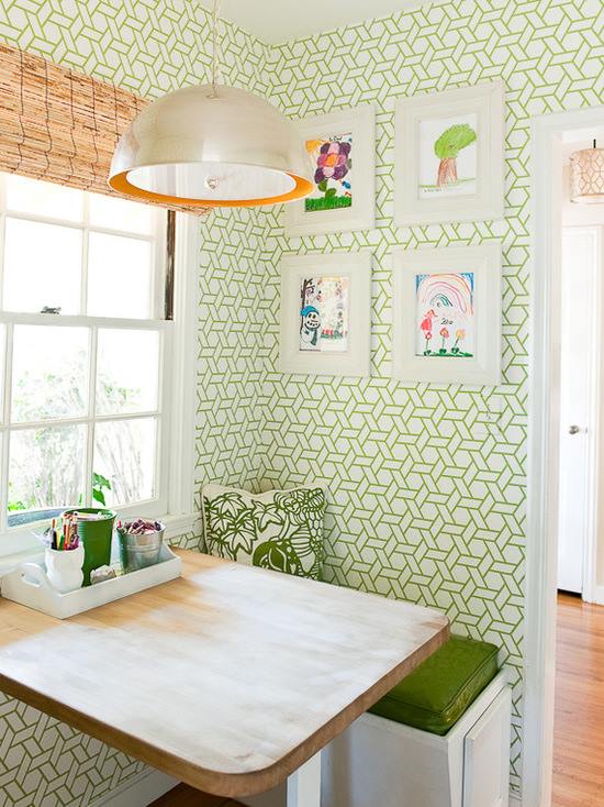 Tiny Breakfast Nook Space With Awesome Wall Paper & Handmade Paintings