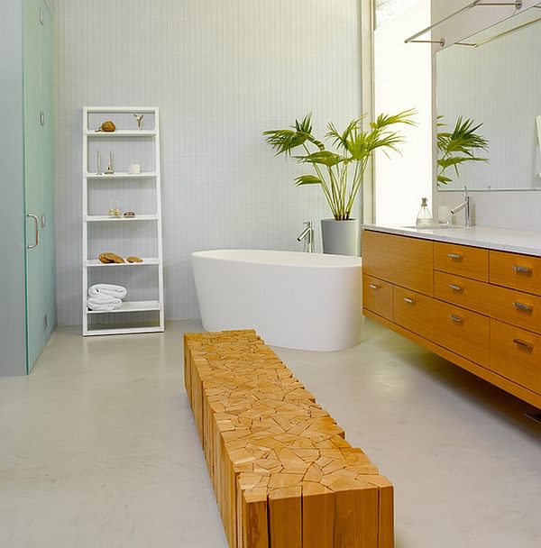 Trendy Bathroom Elegant Ladder Shelves, Wooden Cabinet And Stting