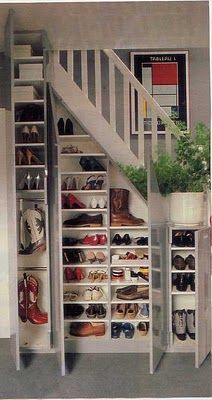 Use areas under the stairs to organize shoes or other objects.