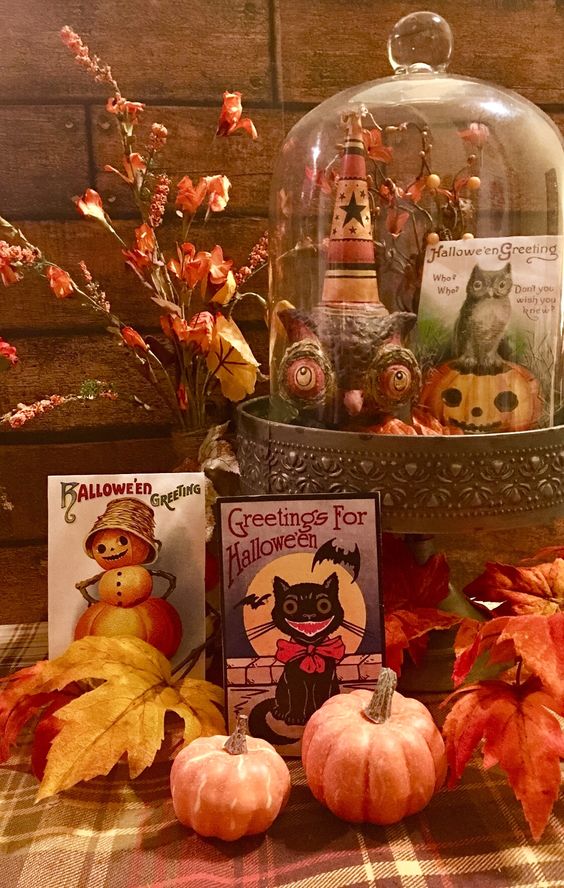 Vintage Halloween cards with my Johanna Parker owl for fall cloche ideas.