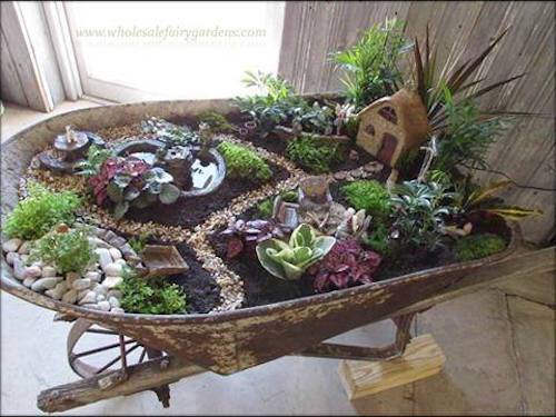 Wheelbarrow Succulent Fairy Garden - neat!
