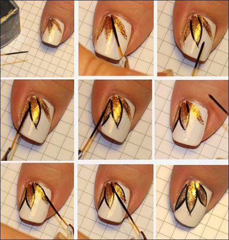 Wonderful White Nails With Golden Leaves
