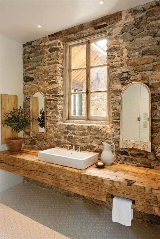 Wooden Counter, Golden Boundry Mirror With Stone Wall