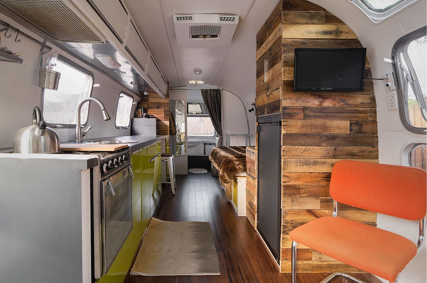 Airstream interior with unused wood