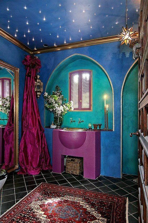 Attractive Purple Sink With Blue Green Wall And Starry Ceiling Bohemian Bathroom Designs That Make the Space Unique in Itself