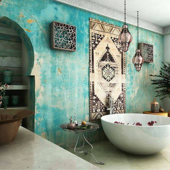 Charming Bohemian Bathroom Design With Beautiful Wall Decor, Circular Bathtub And Accessory