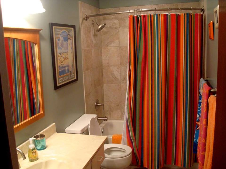 Colored Stripes Curtain In Boho Style Bathroom