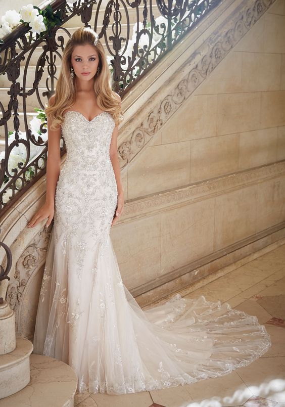 Crystallized Allover Embroidery on Soft Tulle Wedding Dress Designed by Madeline Gardner.