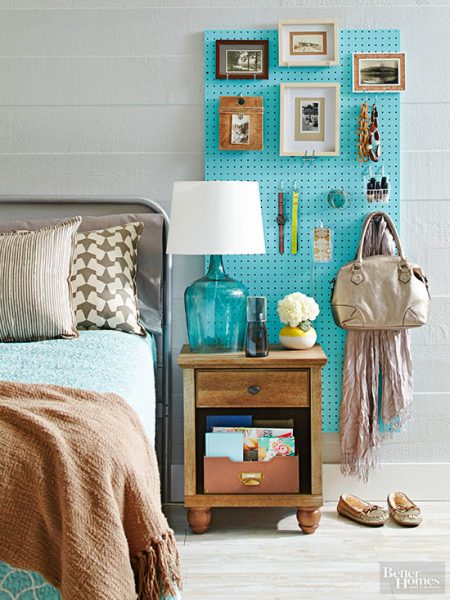 DIY a pegboard organizer and mount it to the wall.