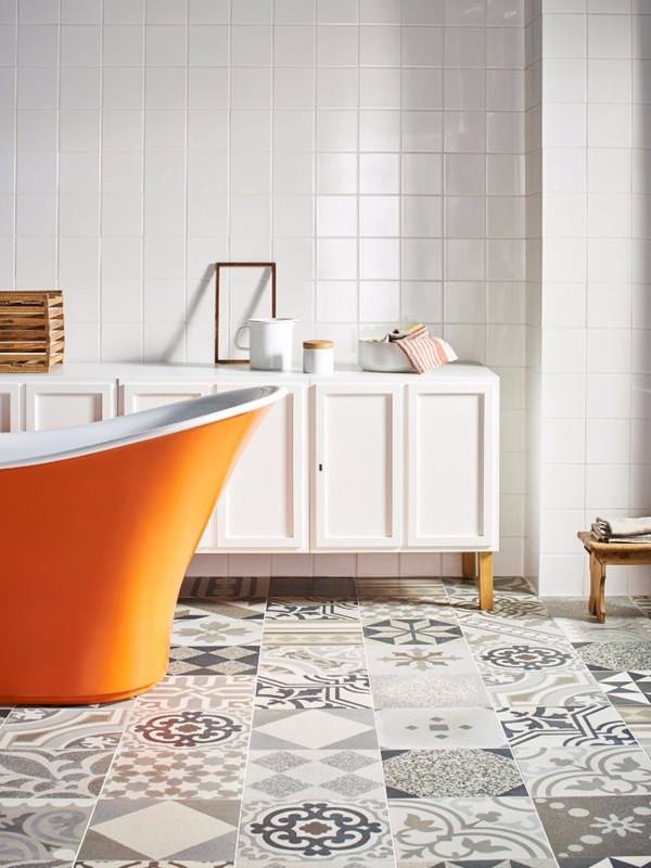 Geometric Flooring With Orange Bathtub Will Adore You