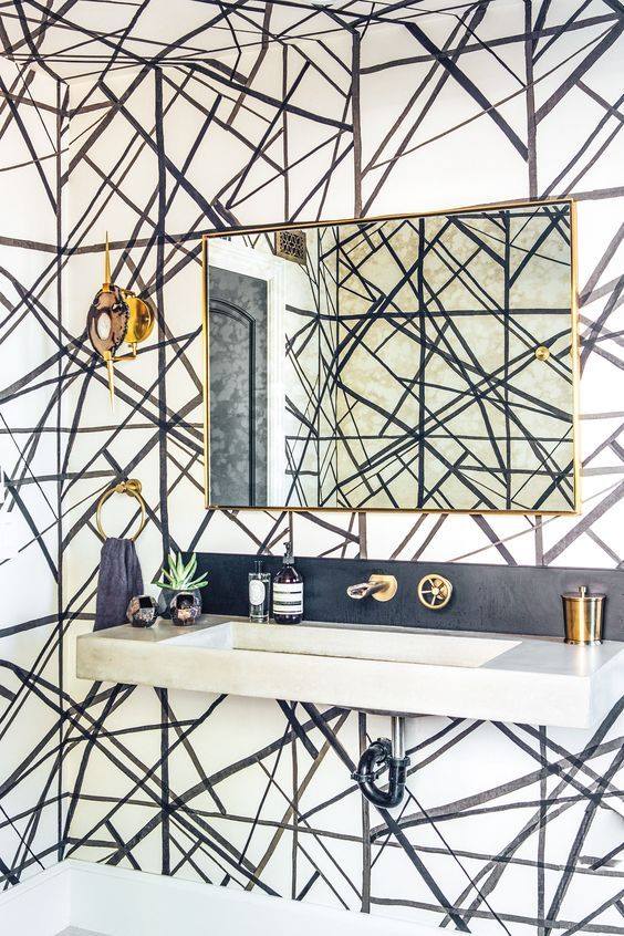 Glamorous Geometric Wall Paper In Boho Bathroom